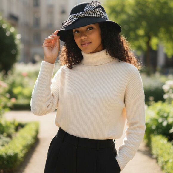 Women's Hats Designer Frank Olive Black Wool /Black White Bow Detail Hat - Picture 7 of 10